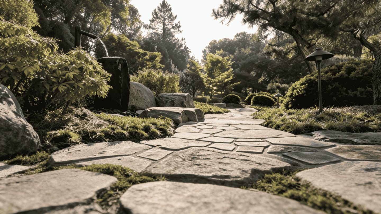 Stone walkway ideas with wide flagstone path near boulders and a garden water fountain feature