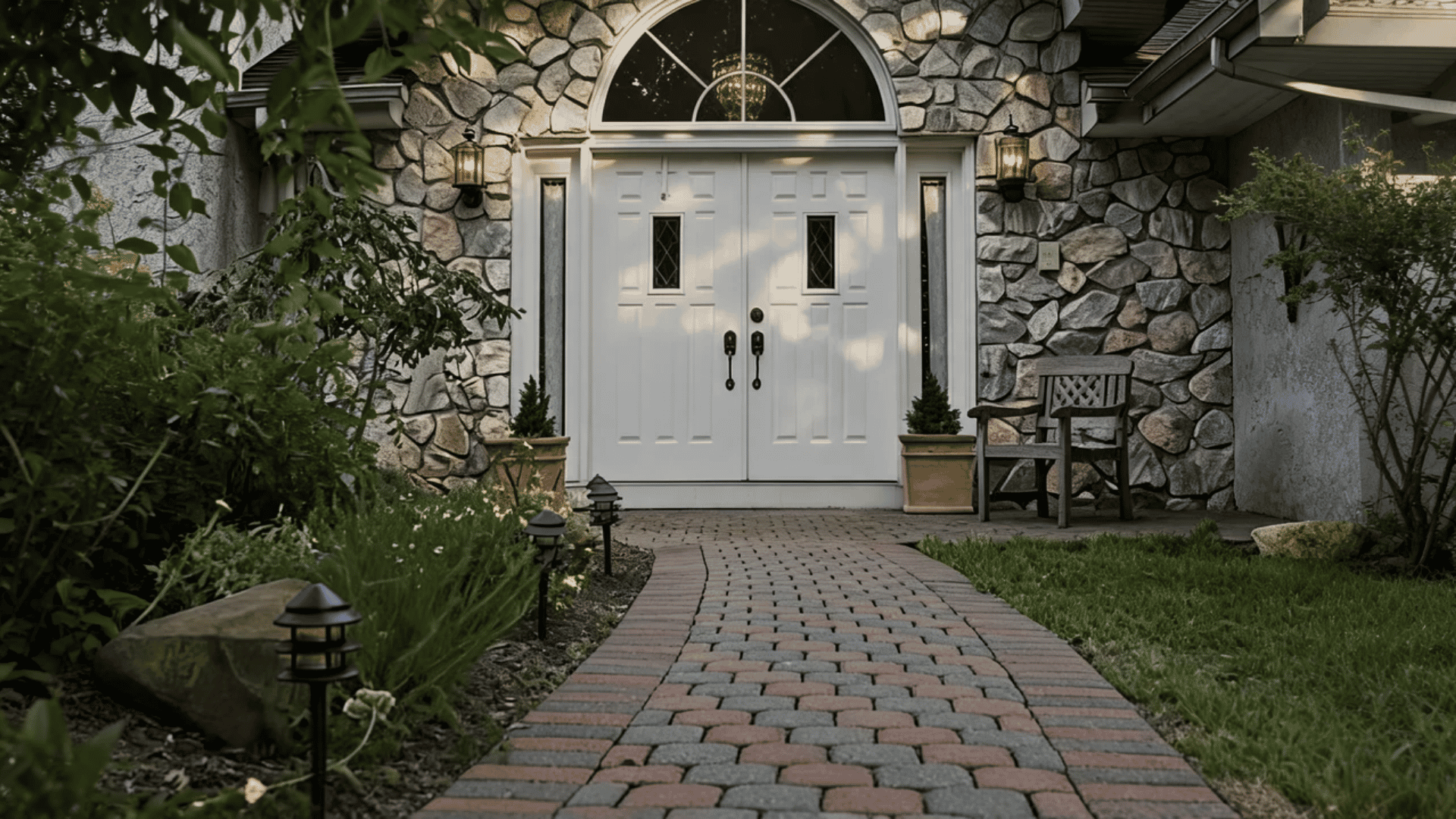 Stone walkway leading to a front entrance with landscaping and pathway lighting.