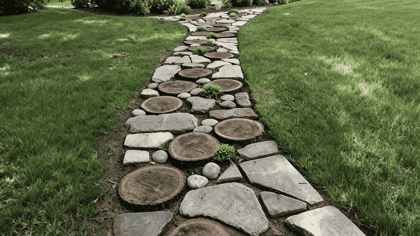 Stone walkway with wooden accents surrounded by greenery in an outdoor landscape.