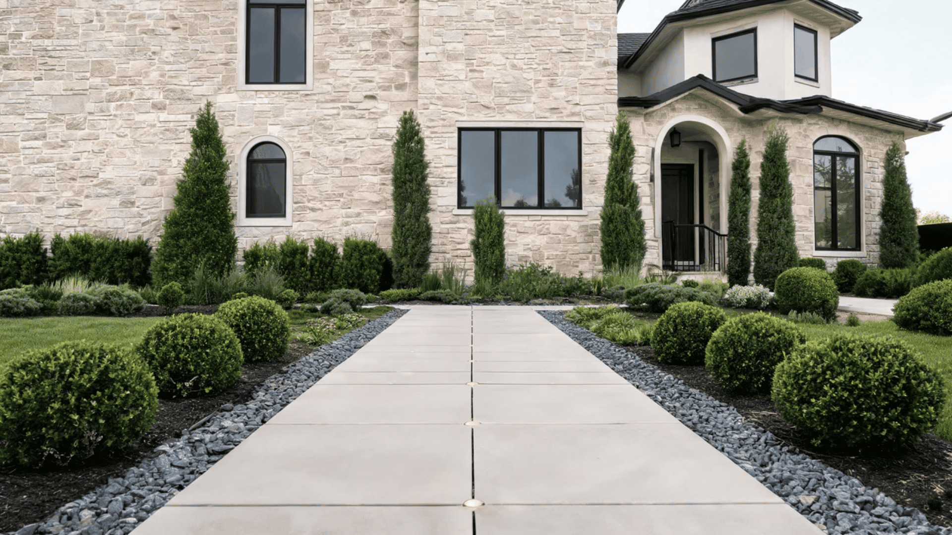 Straight stone paver walkway leading to a modern entrance with symmetrical landscaping.