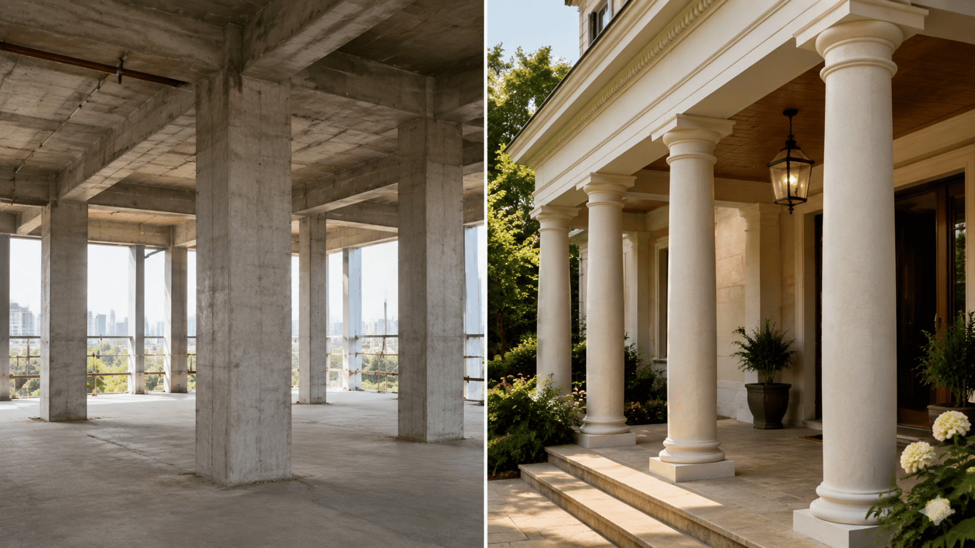 structural and decorative columns shown in a split architectural comparison with concrete and classical designs