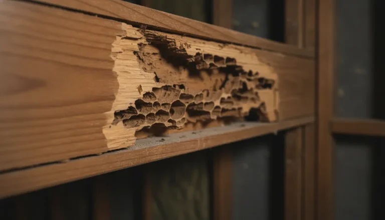 Wood structure with severe termite damage in dimly lit indoor setting