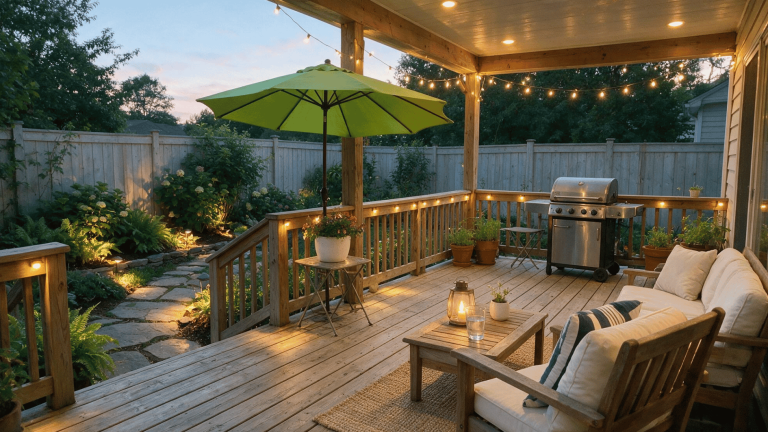 suburban american backyard deck with warm string lights railing lights and outdoor fixtures glowing at evening