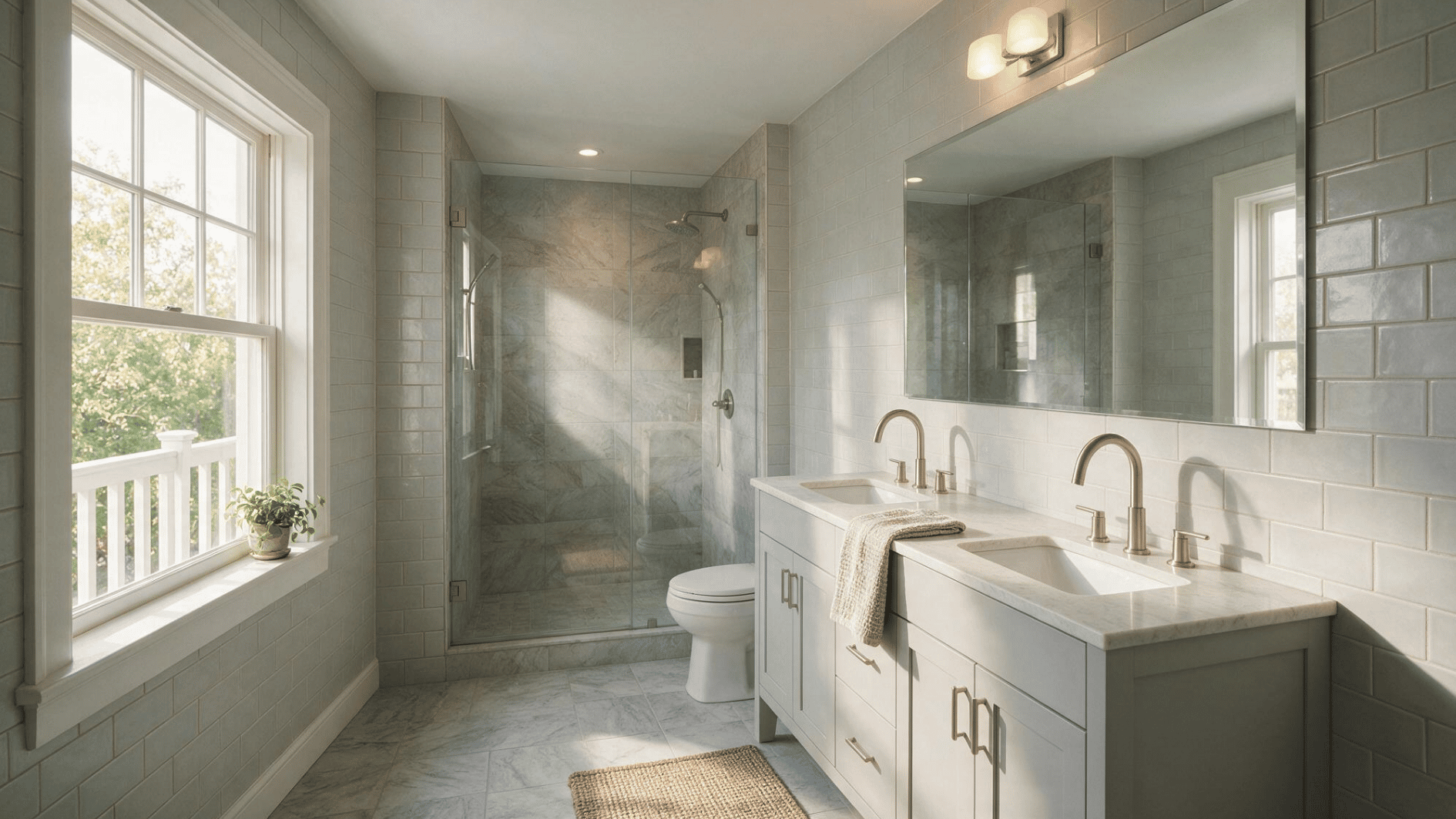 sunlit bathroom with double vanity marble shower toilet pale subway tile large mirror and a wide garden window
