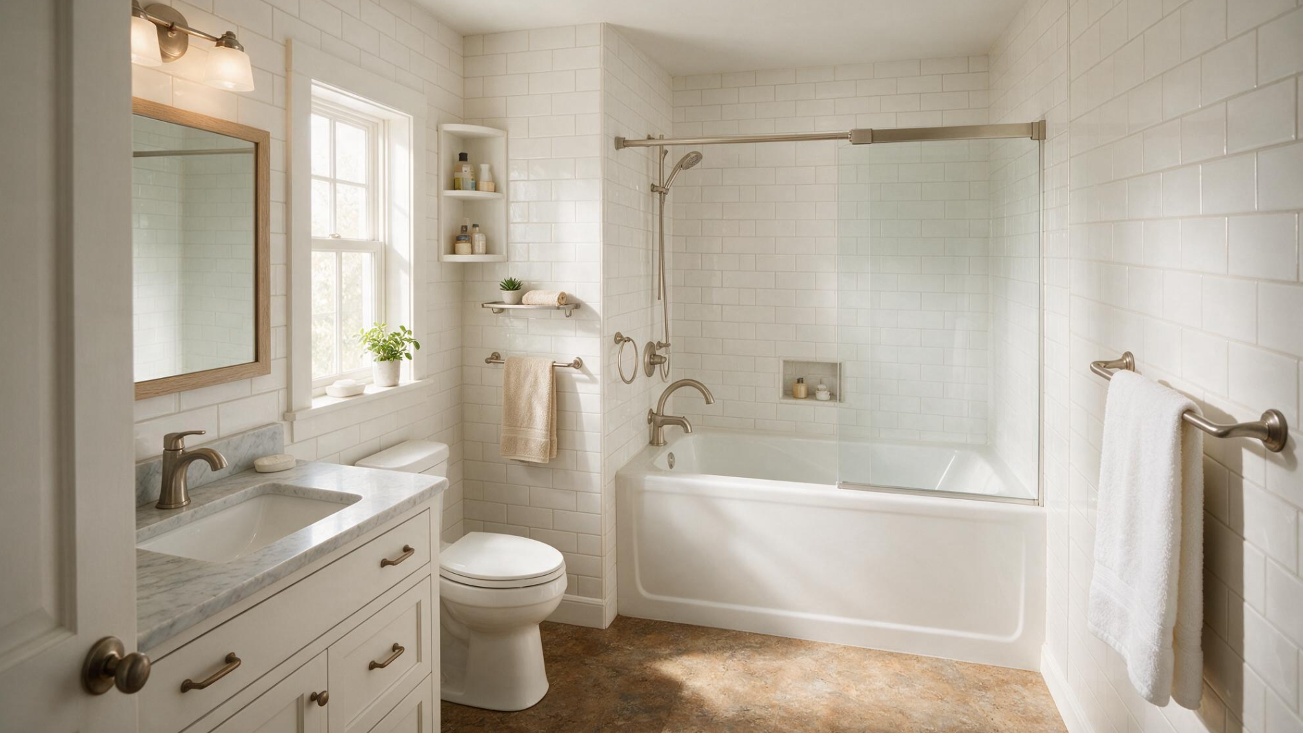 sunlit bathroom with tub shower combo white subway tile marble vanity toilet window and warm stone floor decor