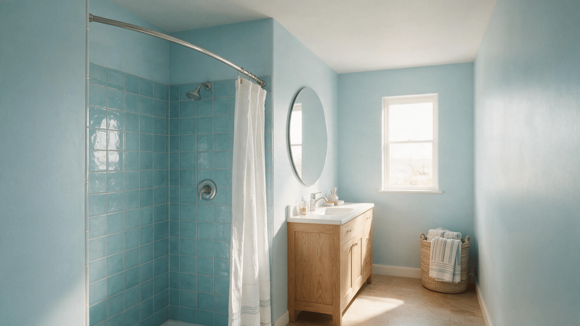 Sunlit coastal bathroom with turquoise tile shower, round mirror, wood vanity, and woven towel basket.