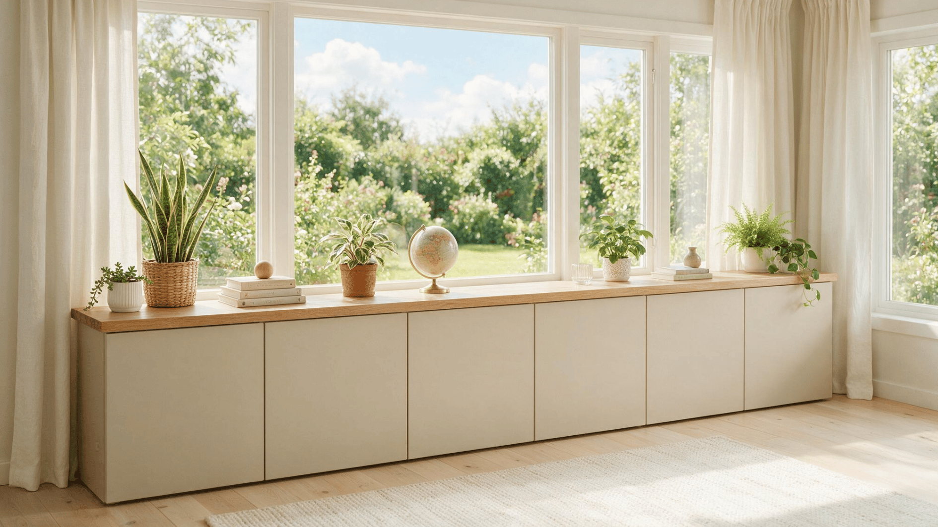 sunlit window storage cabinet with wood top plants books globe cream curtains and a bright garden view outside