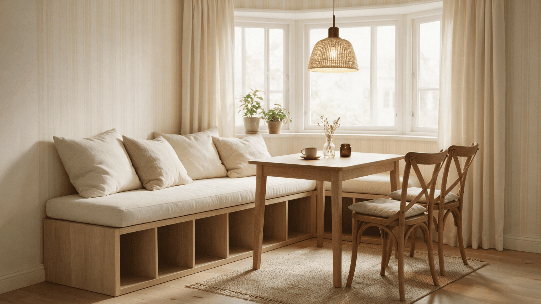 sunny dining nook with cushioned storage bench wooden table two chairs bay windows green plants and woven lamp