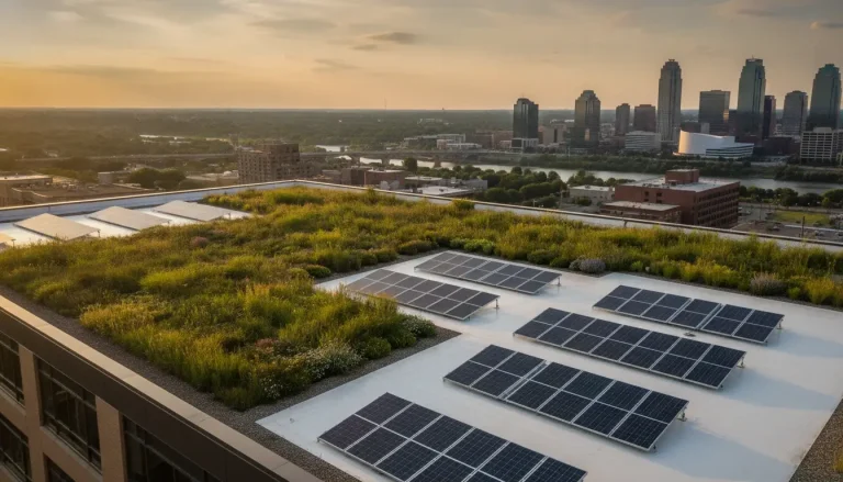 Green rooftop with solar panels overlooking city skyline at sunset