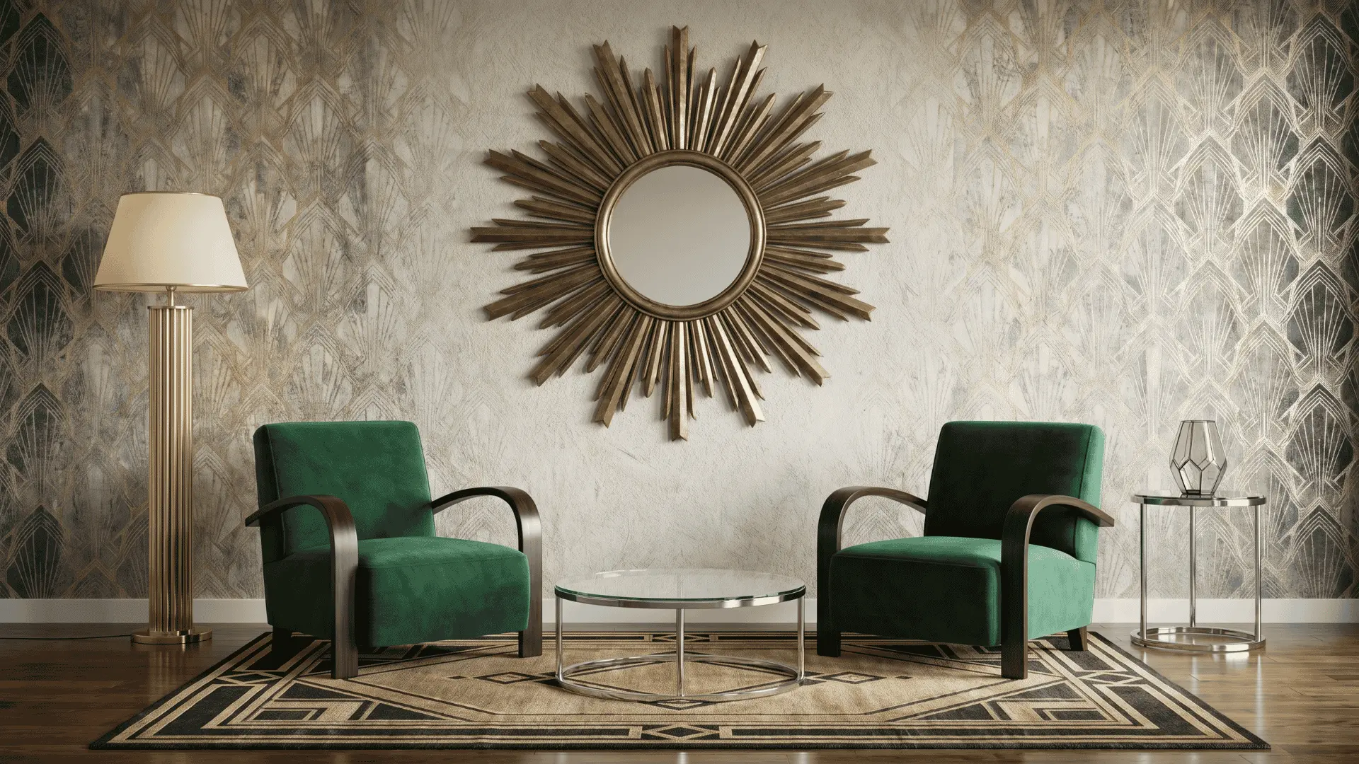 Symmetrical Art Deco living room with matching seating, sunburst mirror, and brass lighting.