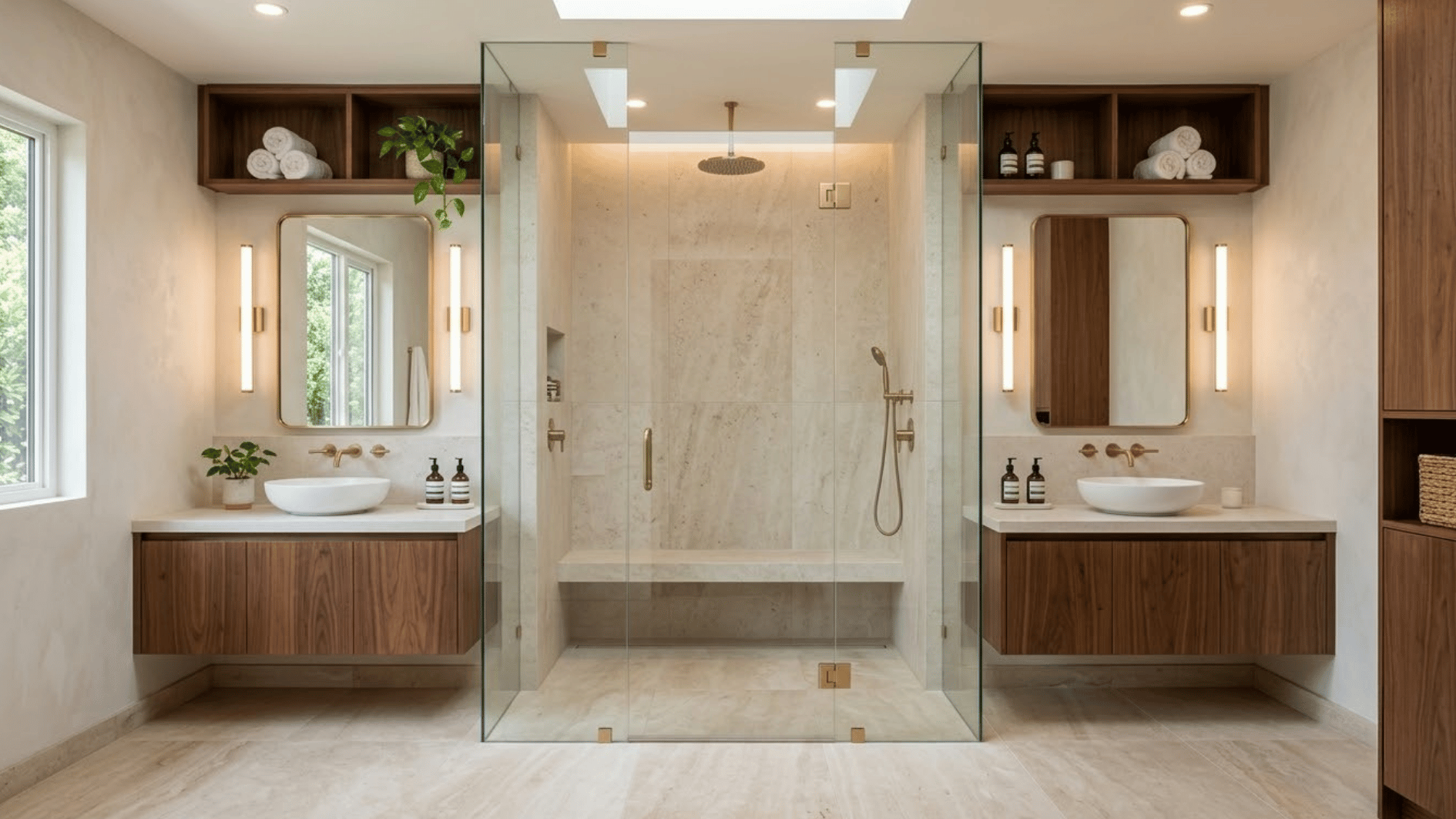 symmetrical spa bathroom with twin wooden vanities central glass shower warm lighting and built in oak storage