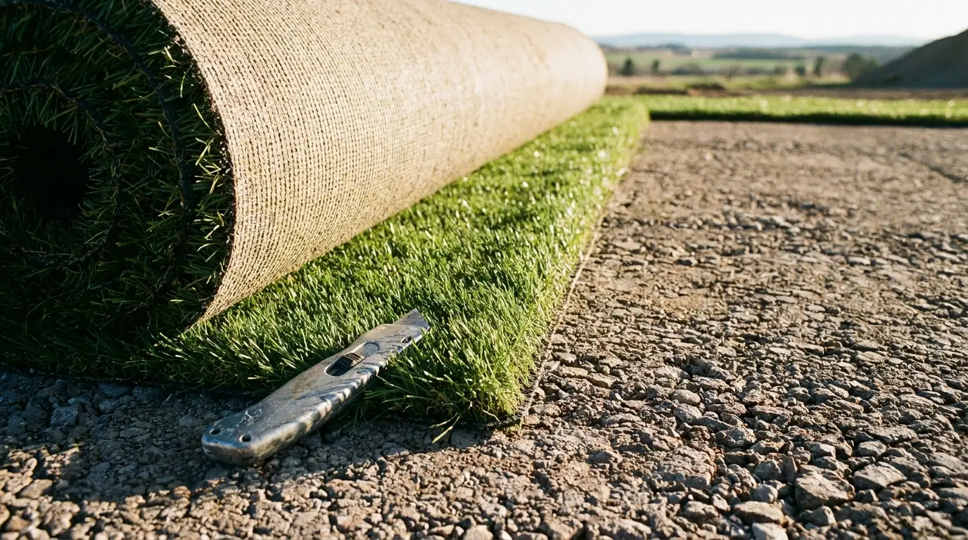 Artificial grass roll partially unrolled on gravel with utility knife nearby in outdoor setting