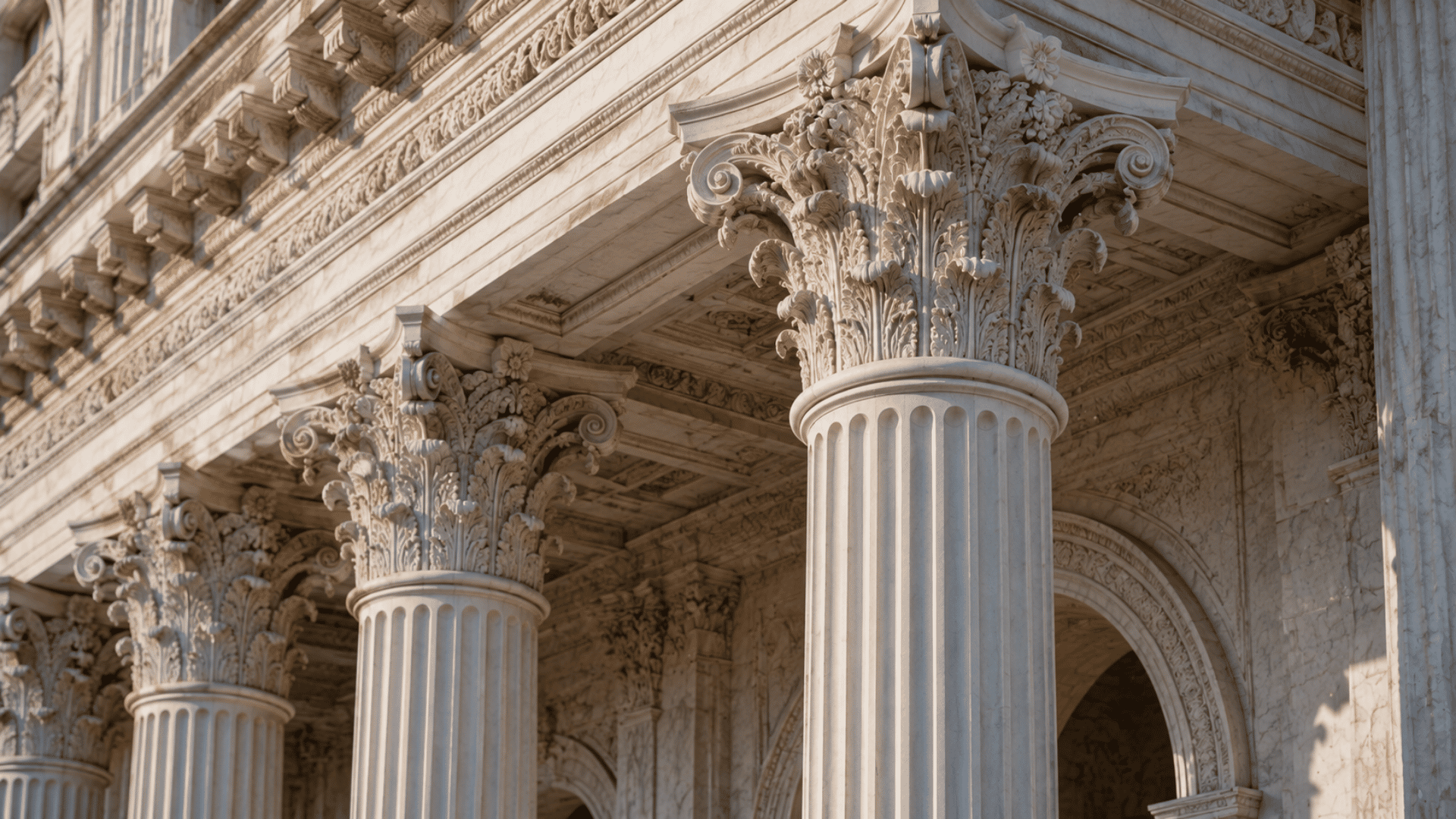 Tall Corinthian column with detailed acanthus leaf capital at a classical building entrance