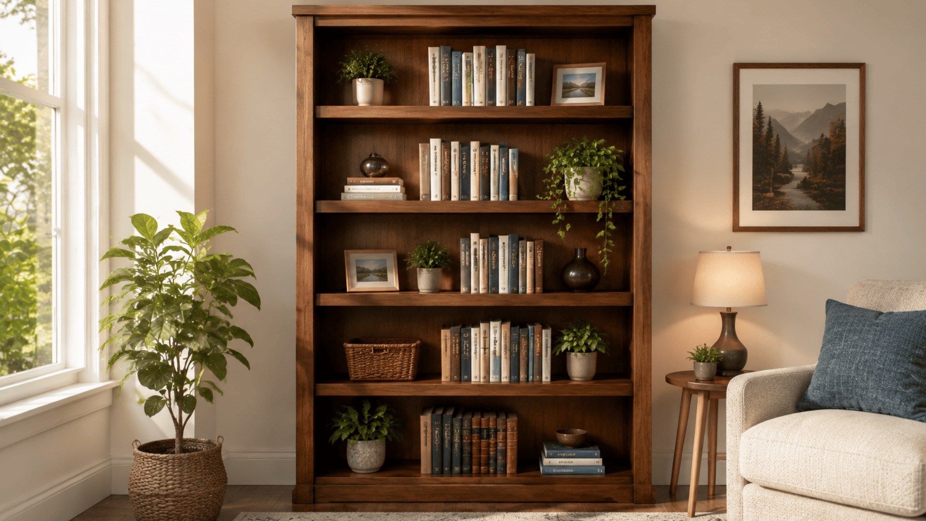 tall dark stained wooden bookshelf with books and plants on each shelf in a sunlit living room beside a window