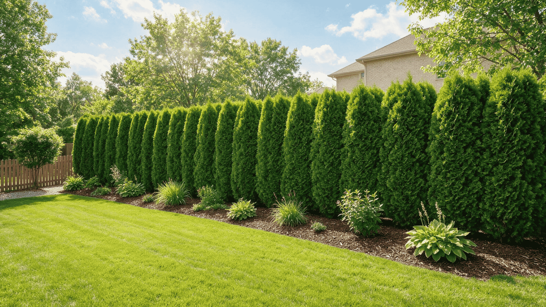 tall evergreen hedge fence creating a dense privacy screen along a bright suburban backyard property line view (1)