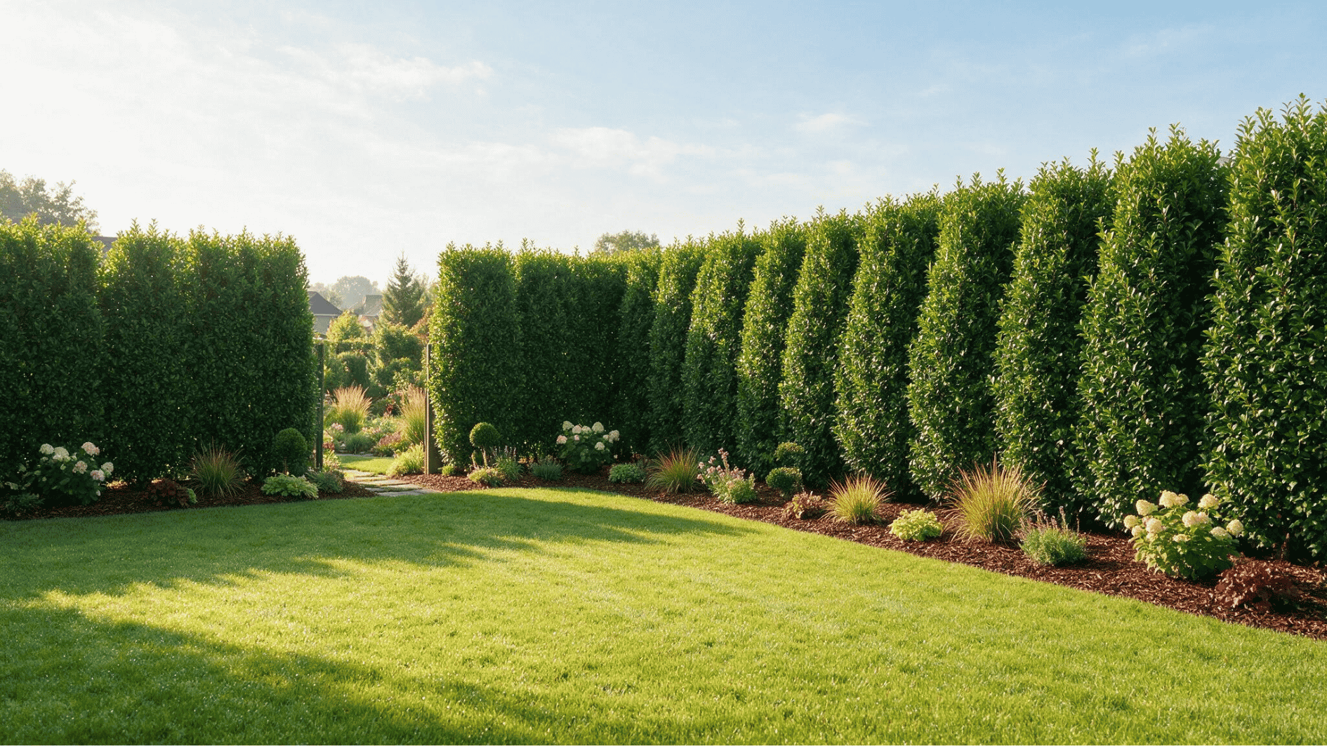 tall hedge living fence creating a private green boundary around a sunny landscaped backyard with a green lawn (1)