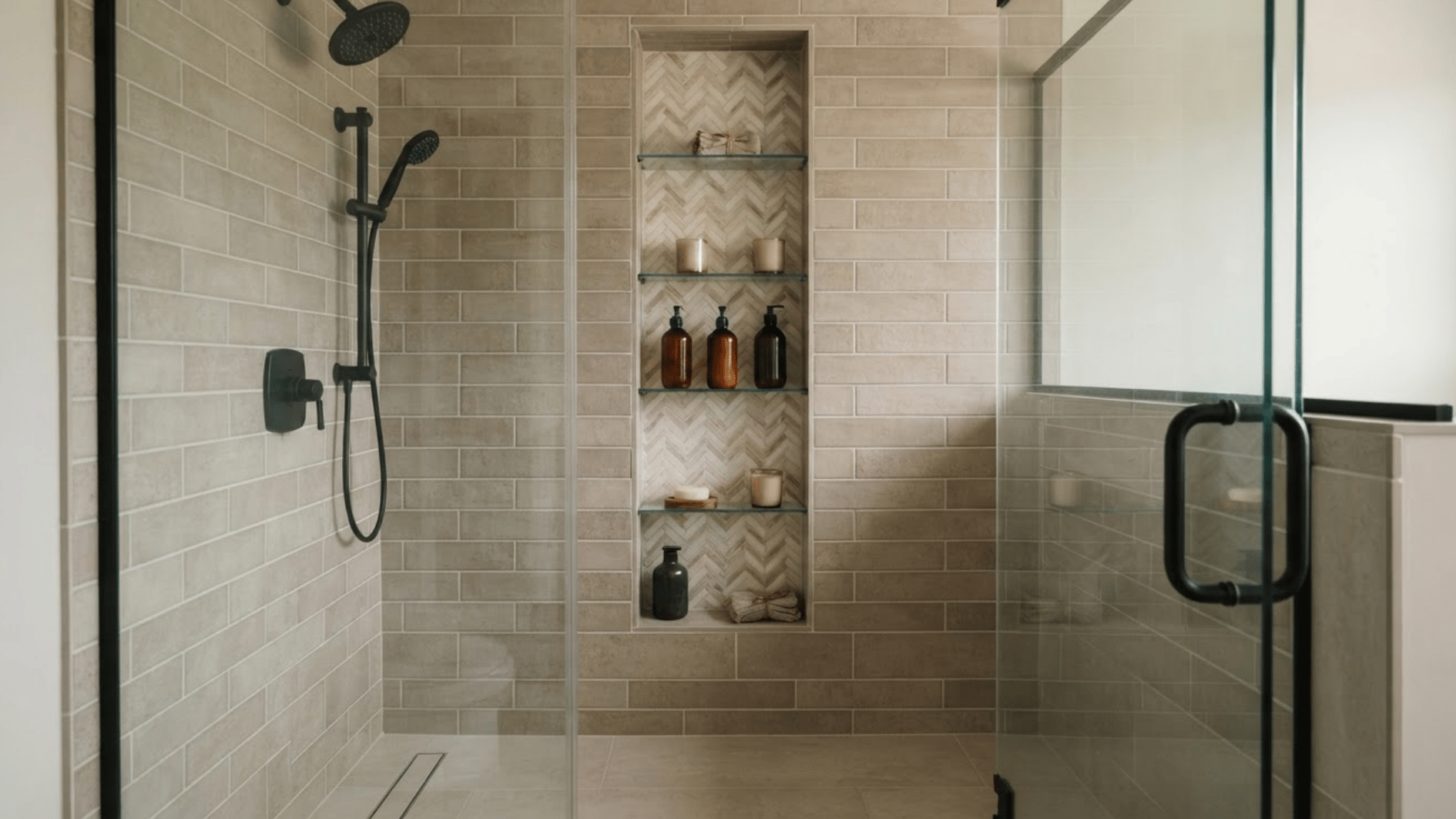 tall vertical shower niche with unbranded toiletries and candles in a modern tiled shower space