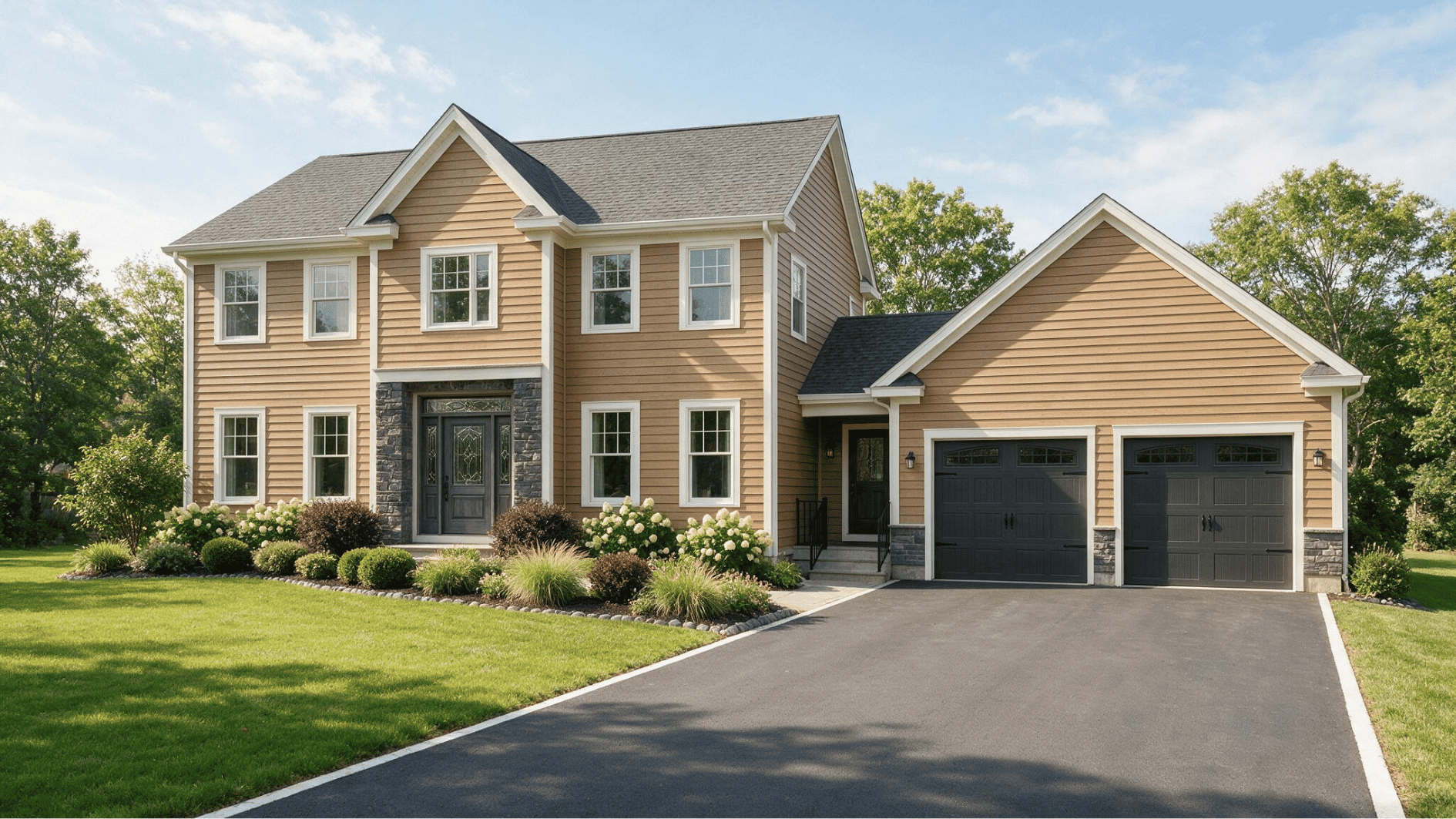 tan two story suburban home with a side attached two car garage black doors driveway lawn and neat garden beds