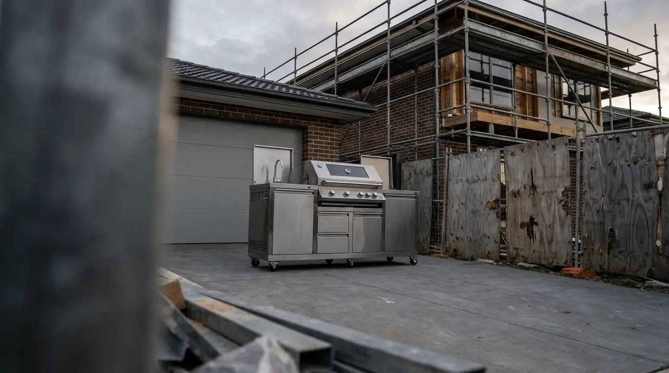 Outdoor stainless steel barbecue grill on concrete patio next to a brick house under construction