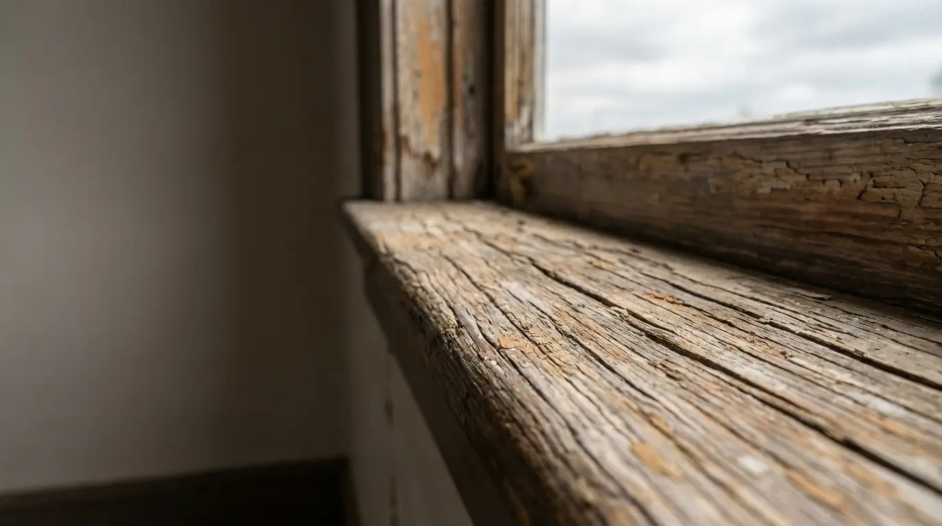 Weathered wooden windowsill with peeling paint and natural light through window in rustic setting