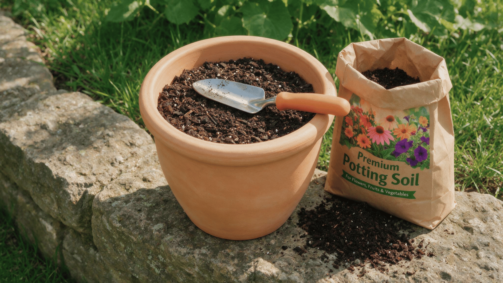 Terracotta pot filled with potting soil, garden trowel, and soil bag outdoors.