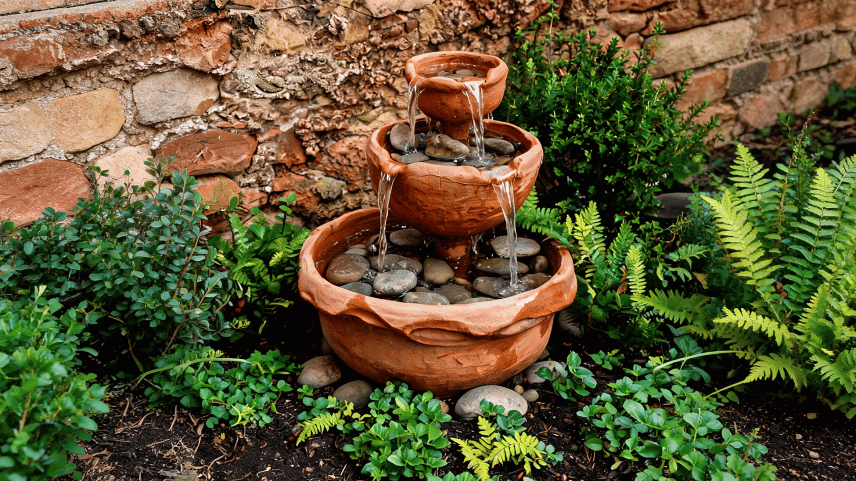 Stacked terracotta saucer fountain with flowing water and smooth stones in a garden corner.