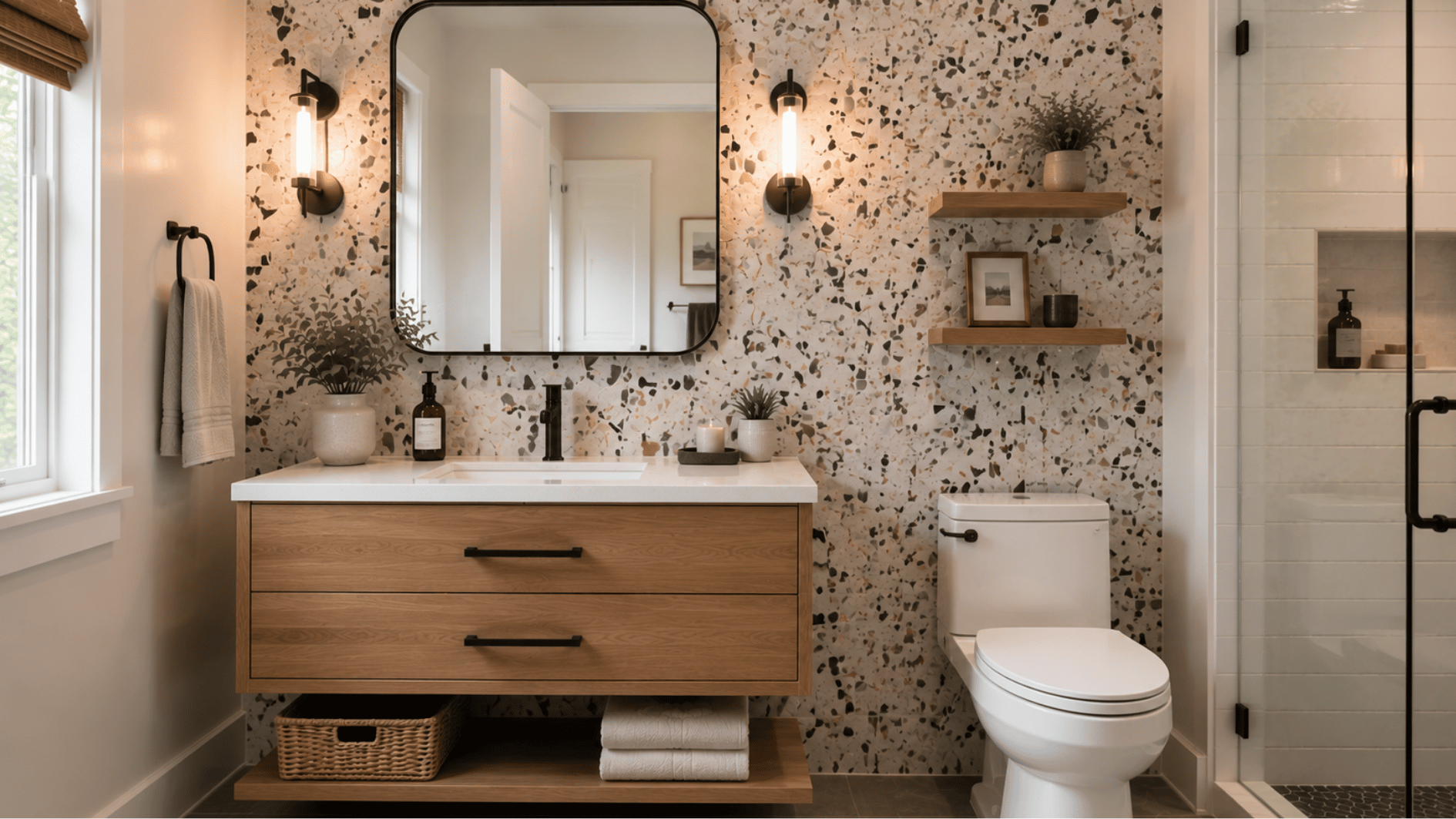 terrazzo tile accent wall behind bathroom vanity with modern fixtures
