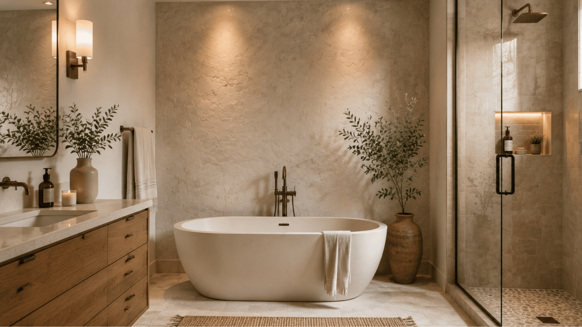 textured plaster accent wall behind bathtub in a minimalist spa style bathroom