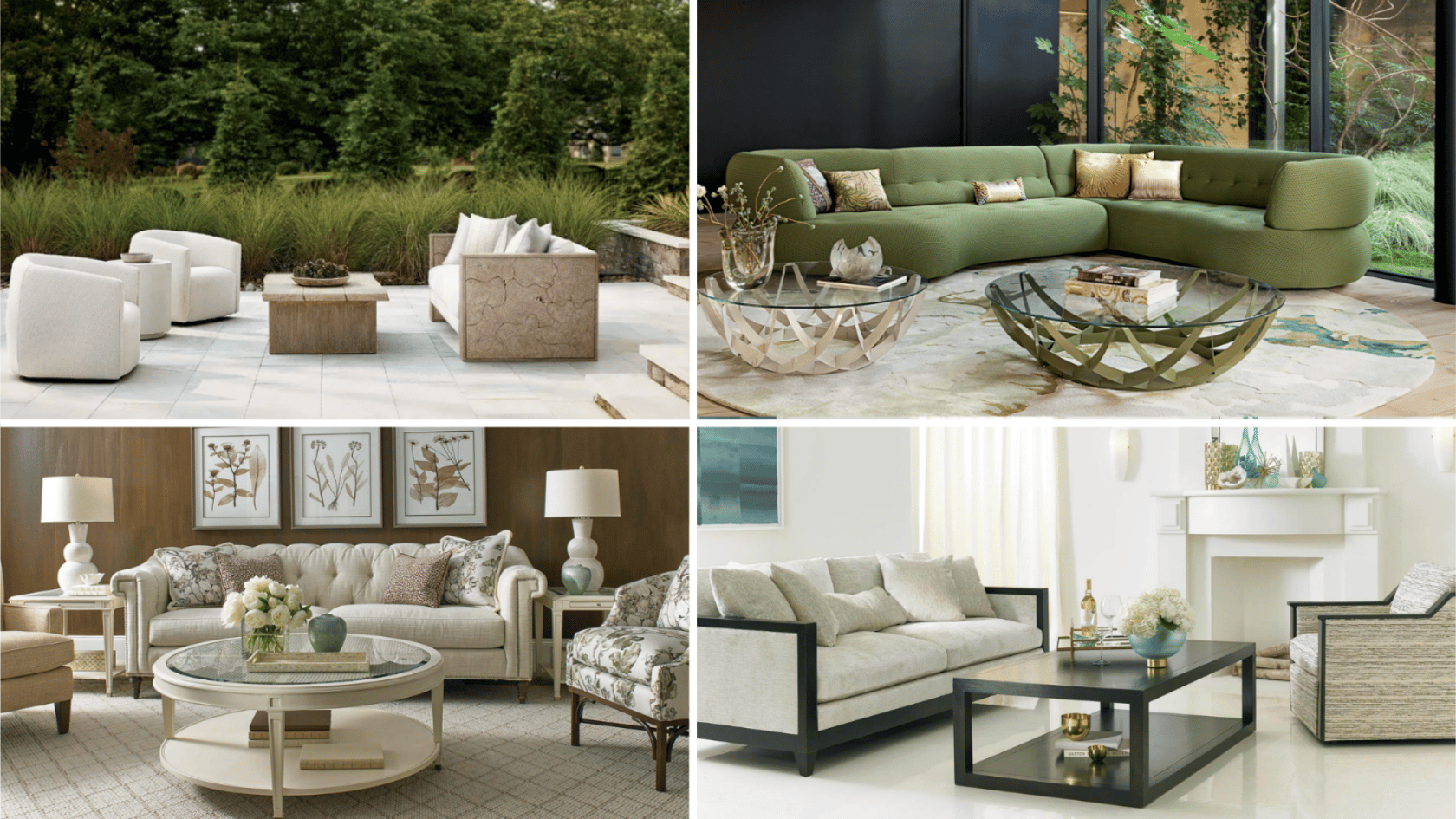 Collage of modern living rooms featuring sofas, coffee tables, neutral interiors, and contemporary decor styles.