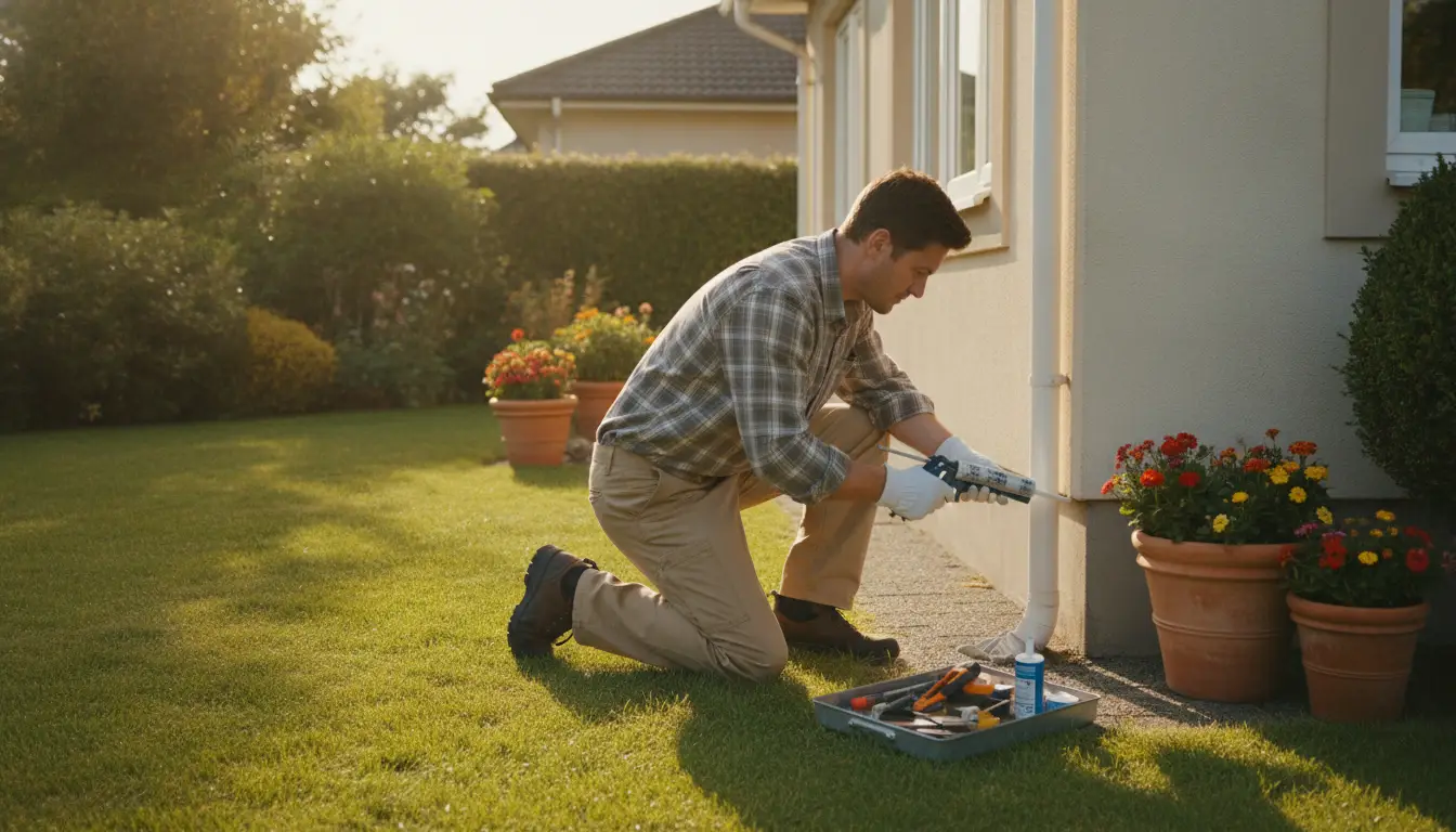 Man kneeling on lawn fixing house gutter with tools in bright outdoor garden setting