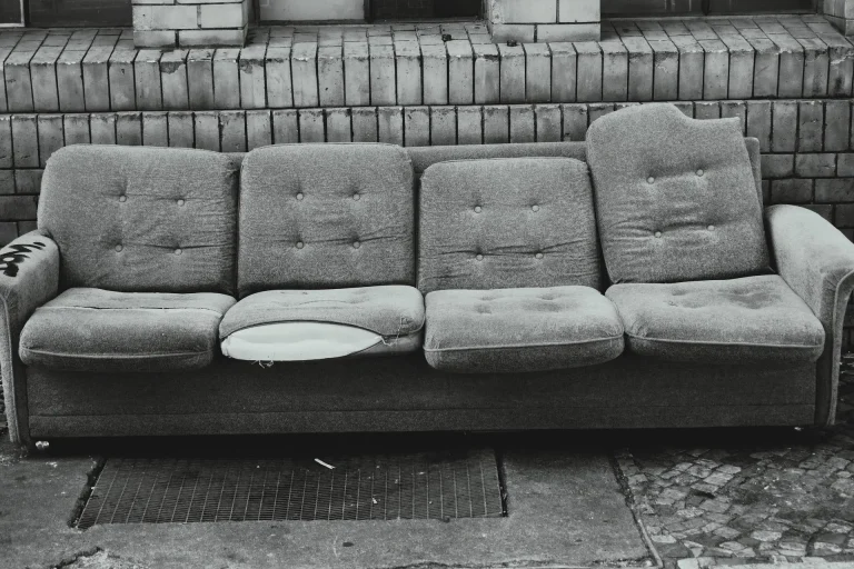 Worn-out gray couch with damaged cushion in outdoor urban setting against brick wall