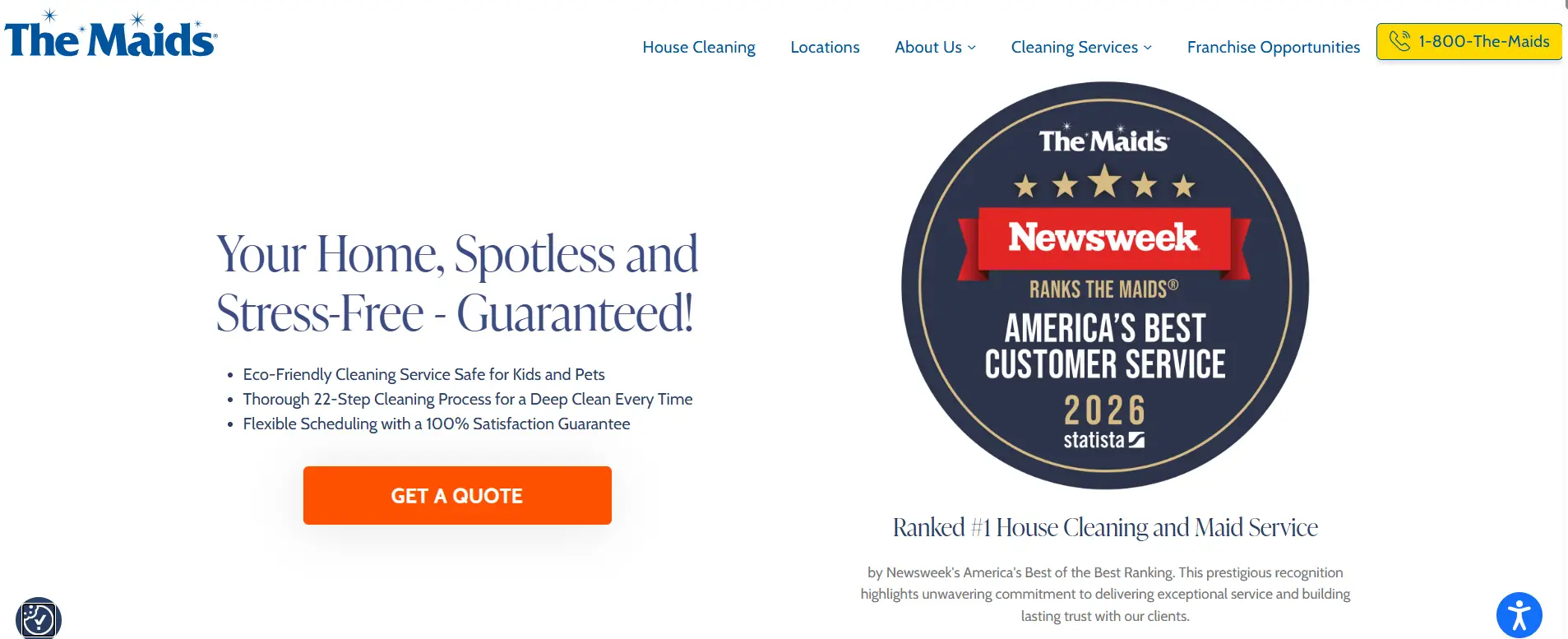 Newsweek customer service award badge next to cleaning service guarantee text and orange quote button