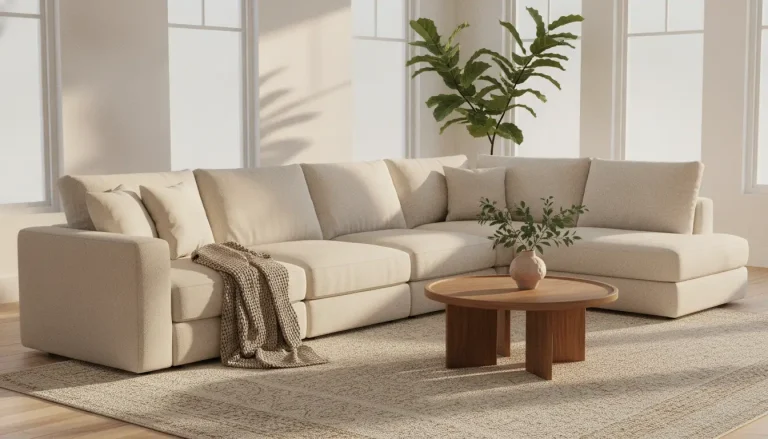 Beige sectional sofa with a knitted throw in sunlit living room with a round wooden coffee table