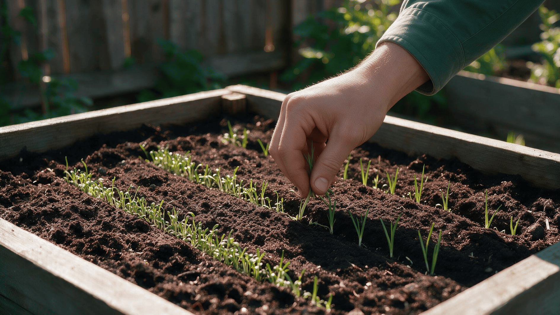 gardener thinning young green onion seedlings to create proper spacing between plants