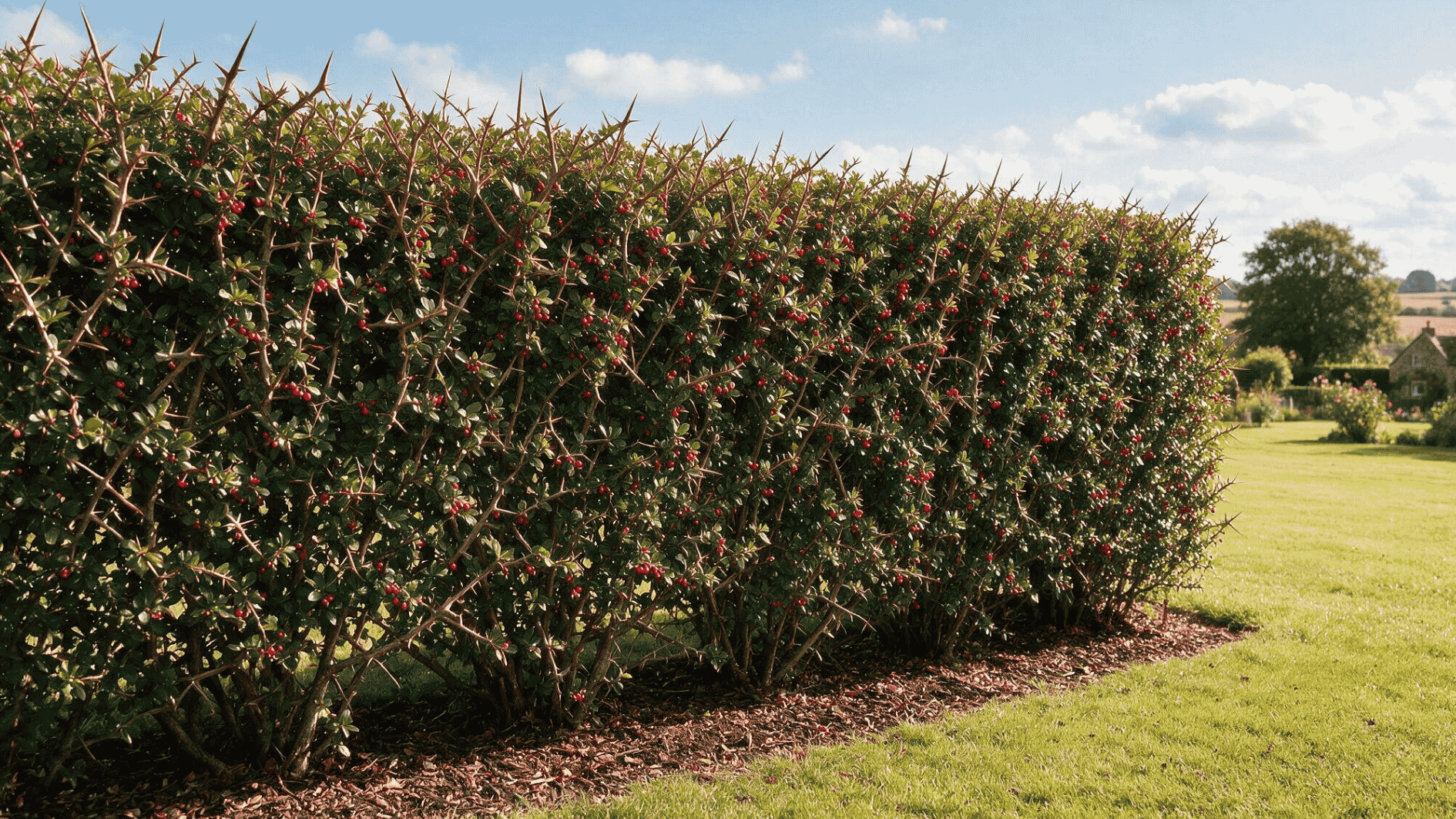 thorny evergreen hedge with red berries bordering sunny lawn near a peaceful countryside garden and stone home