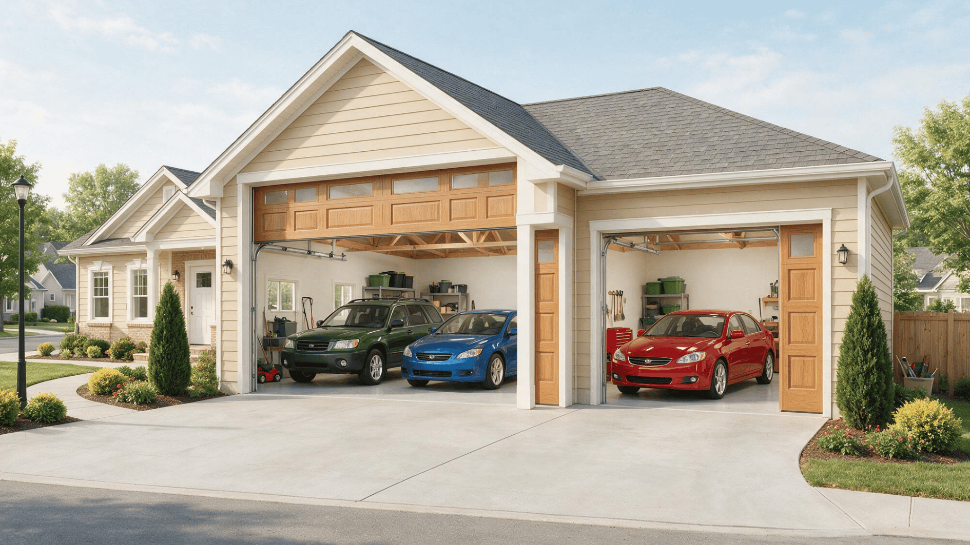 three car garage with one double door and one single door showing three vehicles parked in separate bays daily