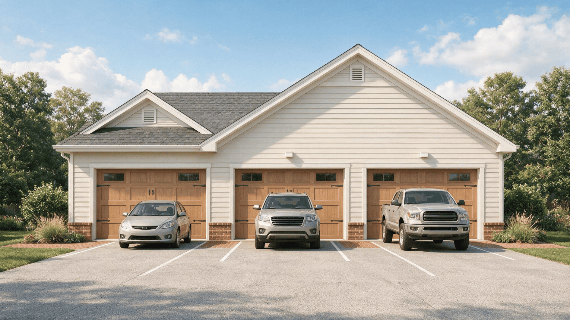 three car garage with three single wooden doors and a sedan suv and pickup parked across the driveway outdoors