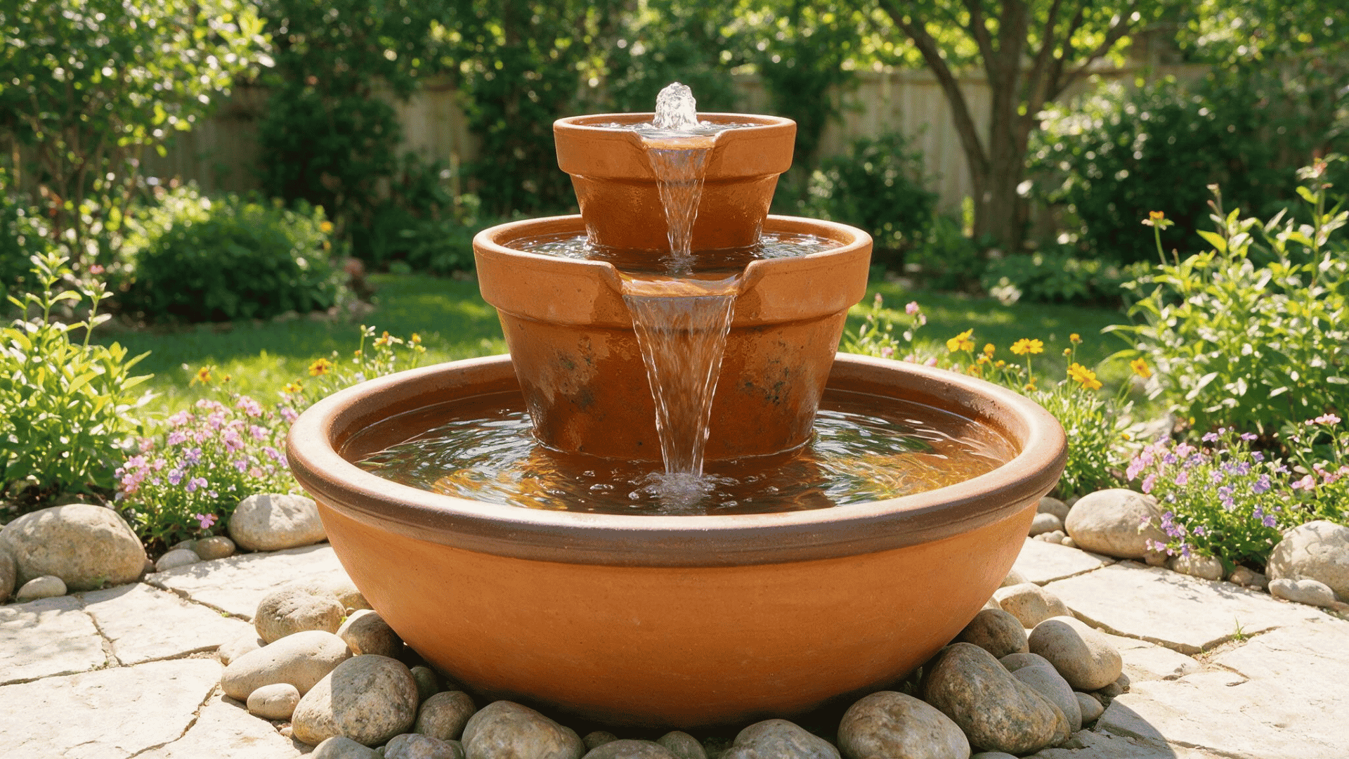 three tier terracotta bowl fountain with cascading water on a stone patio in a leafy backyard garden (1)