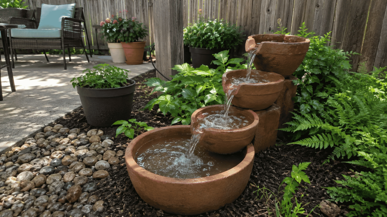 tiered terracotta bowl fountain cascading water into garden bed with ferns and pebbles