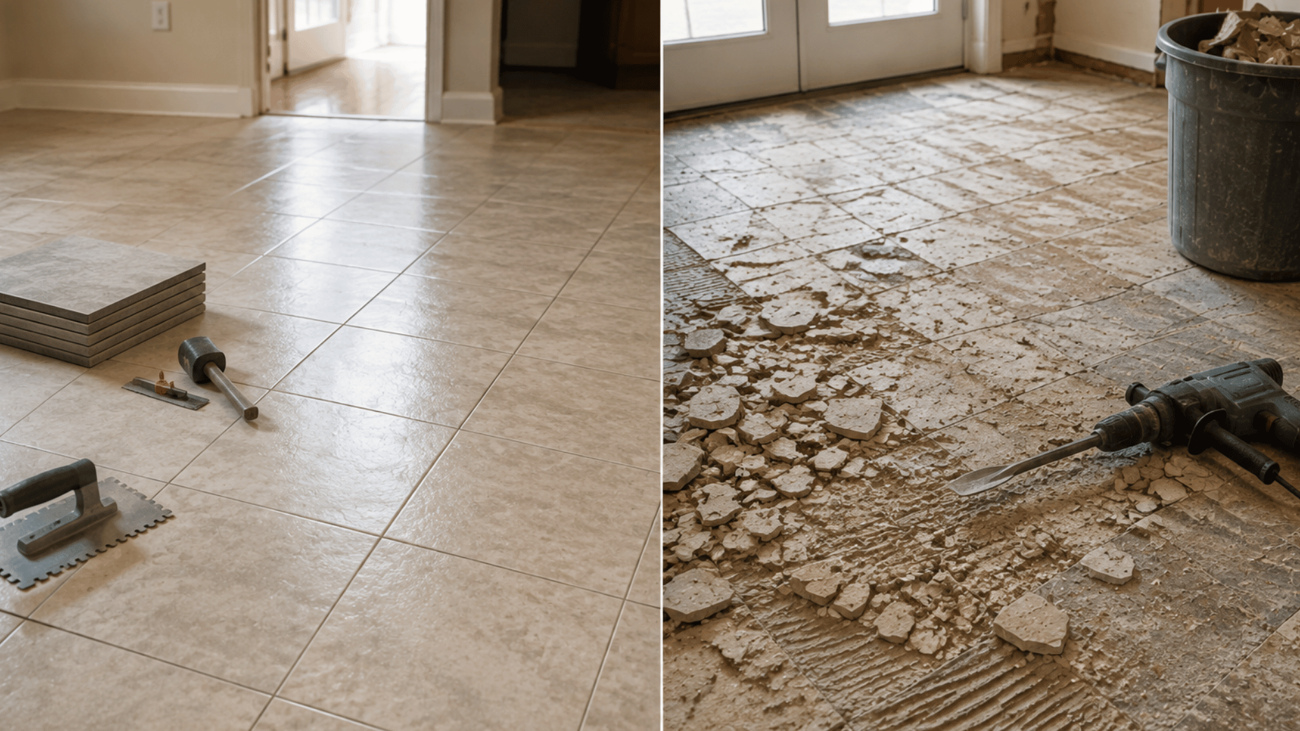 side-by-side comparison of tiling over an existing tile floor and removing old tile during renovation