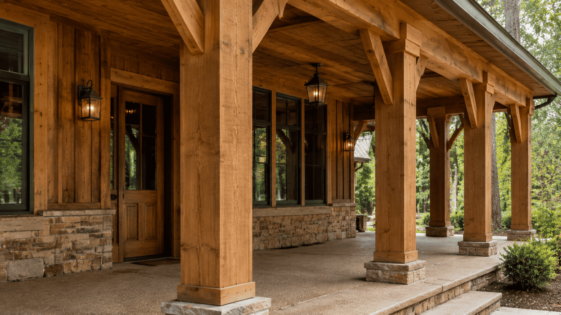 Timber wooden columns supporting a covered porch on a traditional residential home