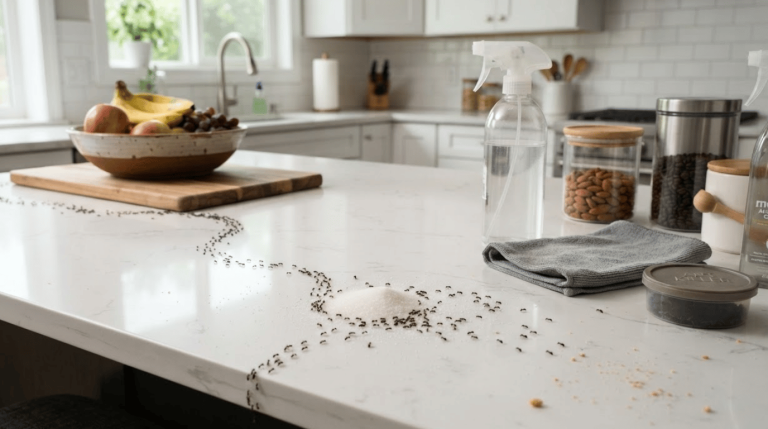 tiny ants forming a trail across a clean kitchen countertop toward a small food spill