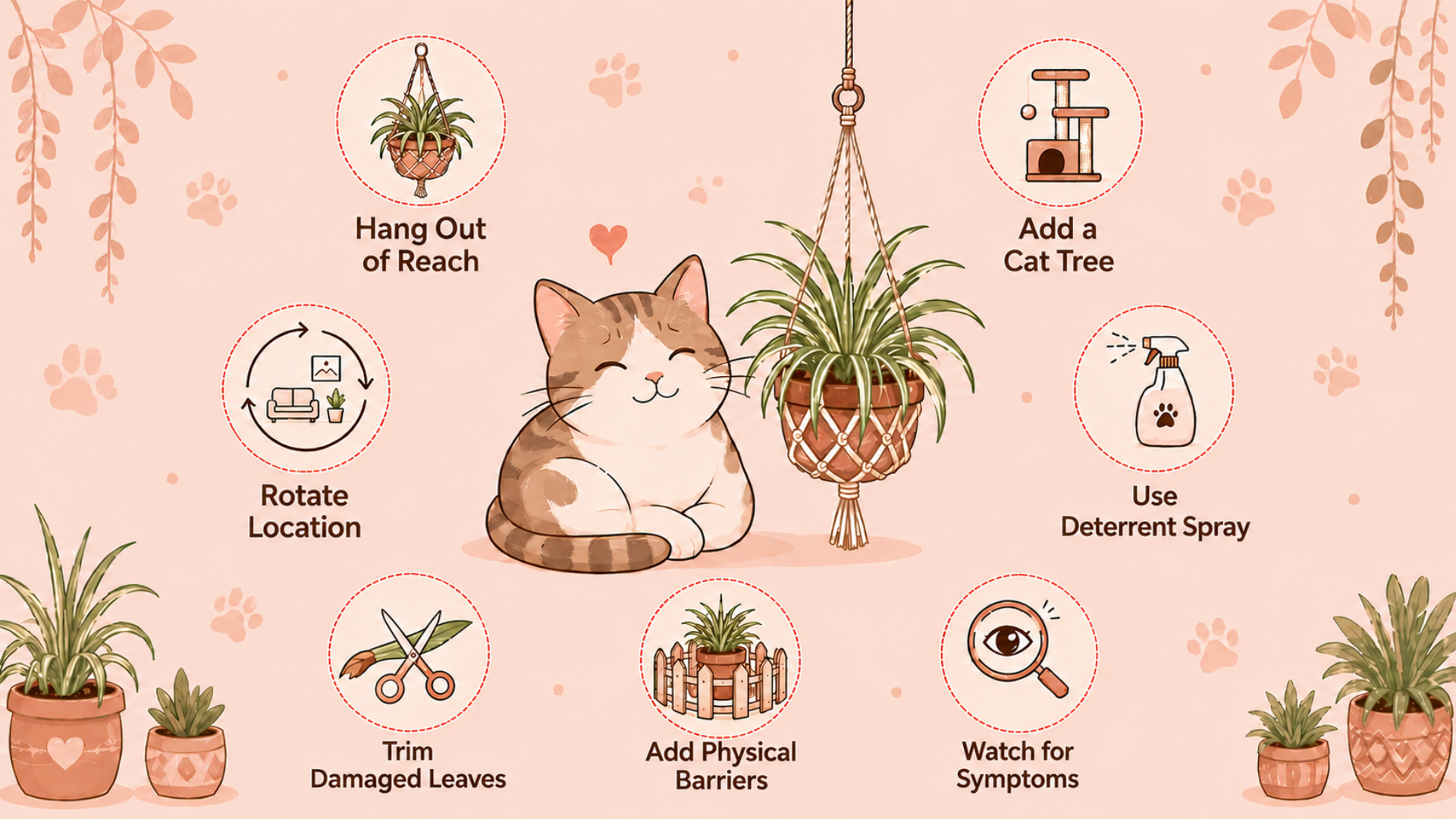 tips to keep cats and spider plants safe together infographic with cat and hanging plant