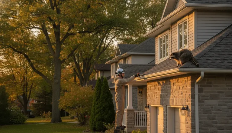 Person in protective gear on ladder confronting raccoon on suburban house roof at sunset