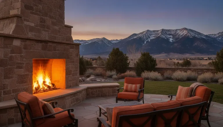 Outdoor stone fireplace with orange cushioned chairs and mountain view at sunset