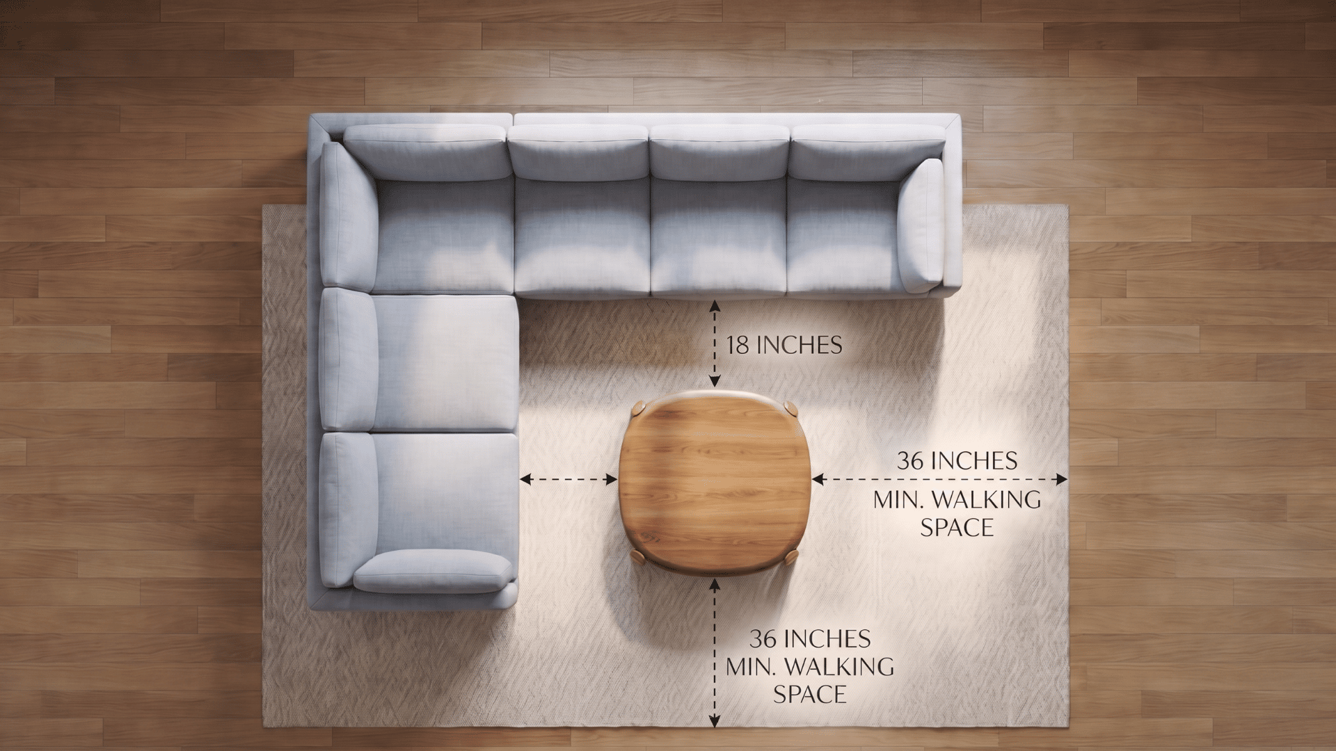 Top down modern diagram of a sofa and coffee table with labeled clearance distances