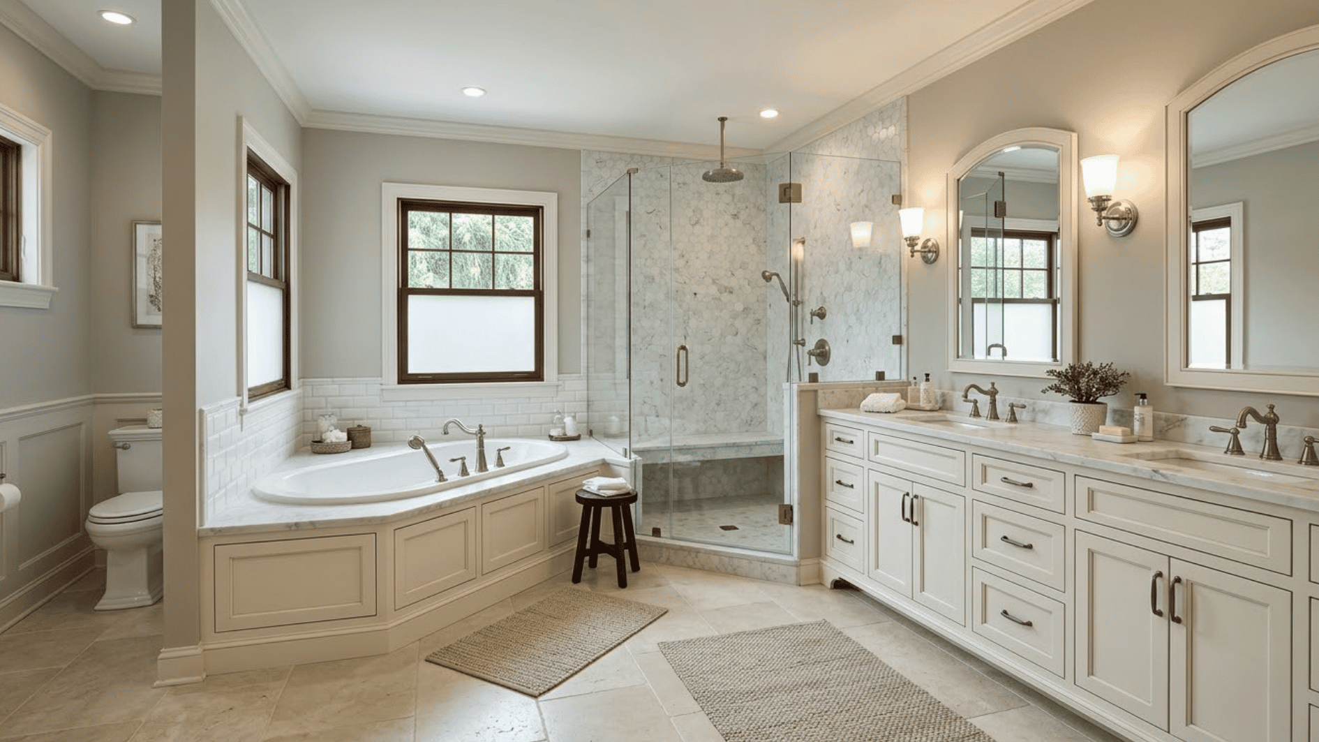 traditional bathroom with corner tub glass shower long white vanity private toilet area and warm wall lighting