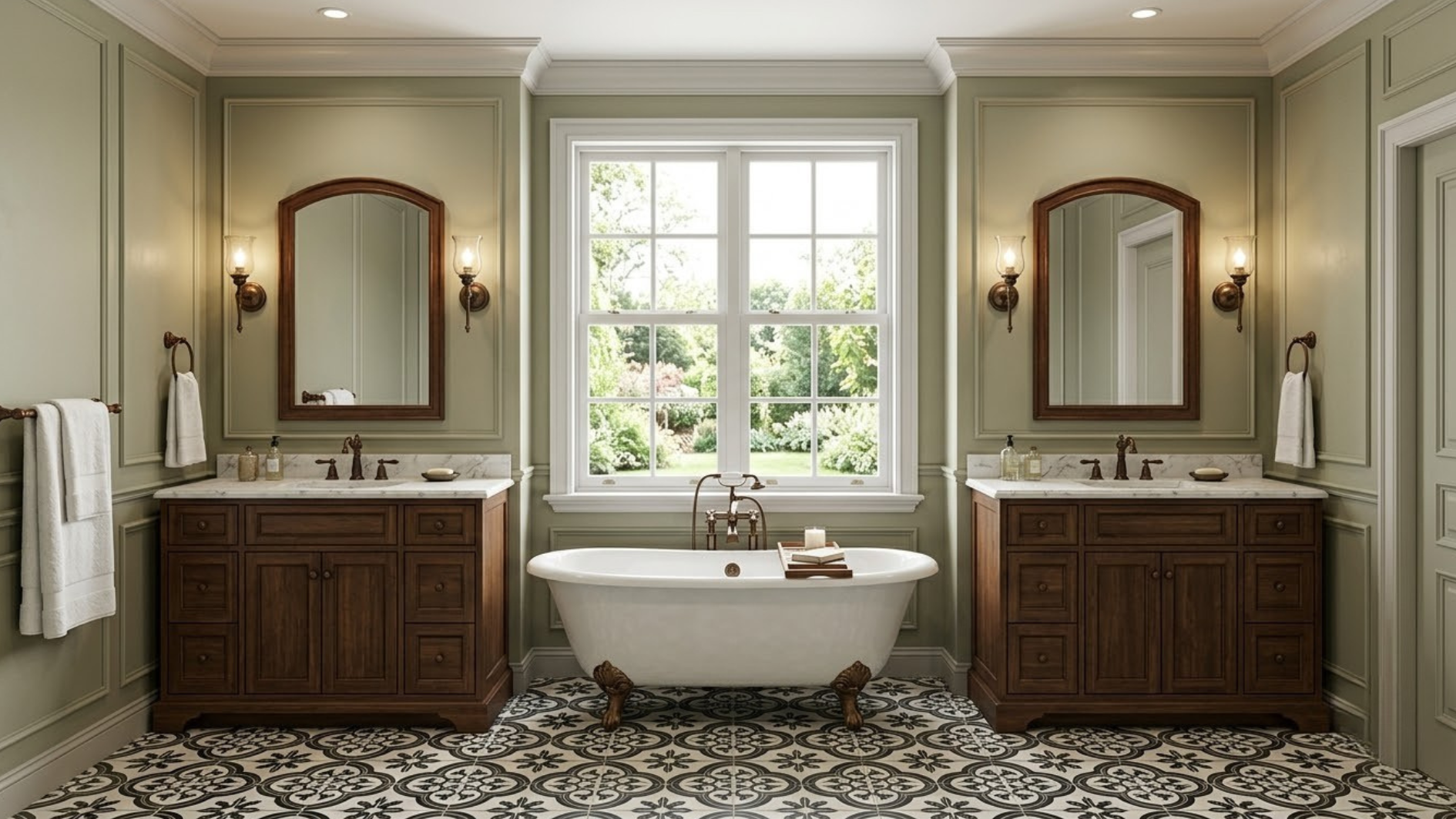 traditional bathroom with twin wood vanities clawfoot tub patterned floor green walls and bright garden window