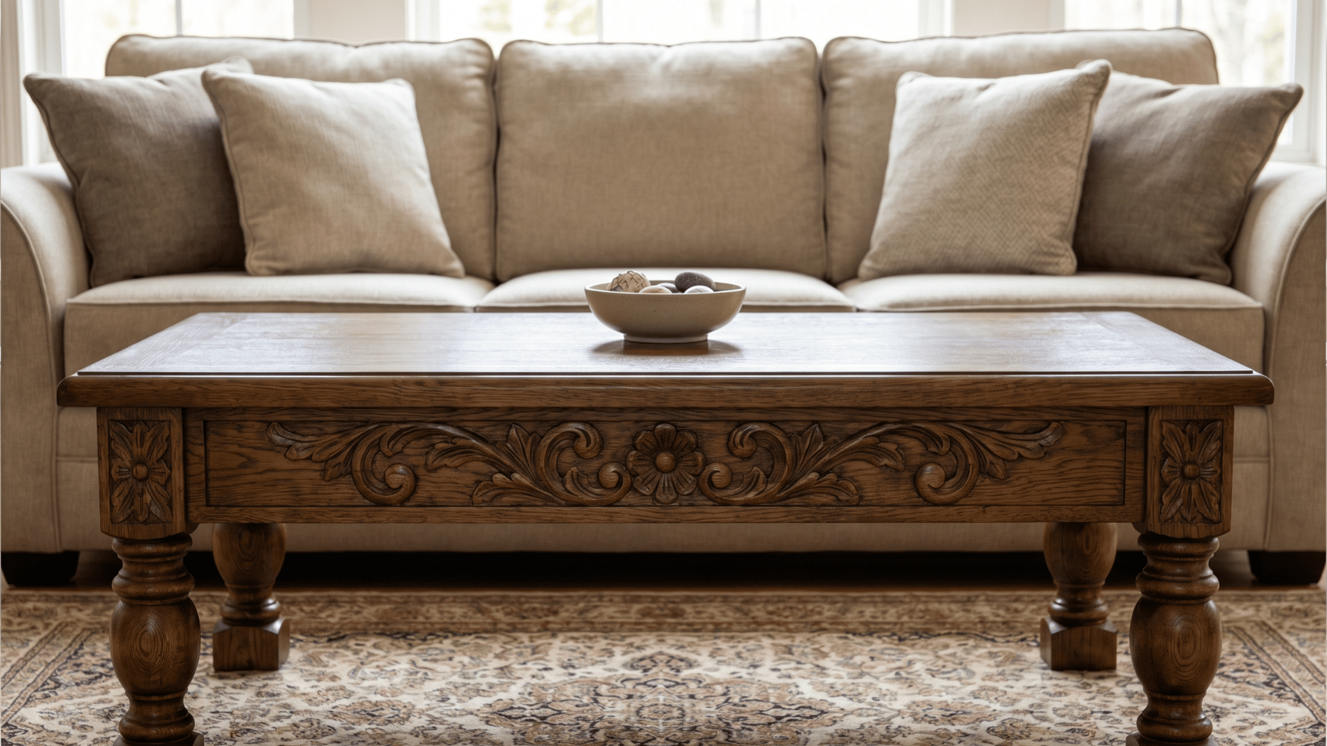 Traditional carved wood coffee table in front of a sofa on a rug with minimal decor.