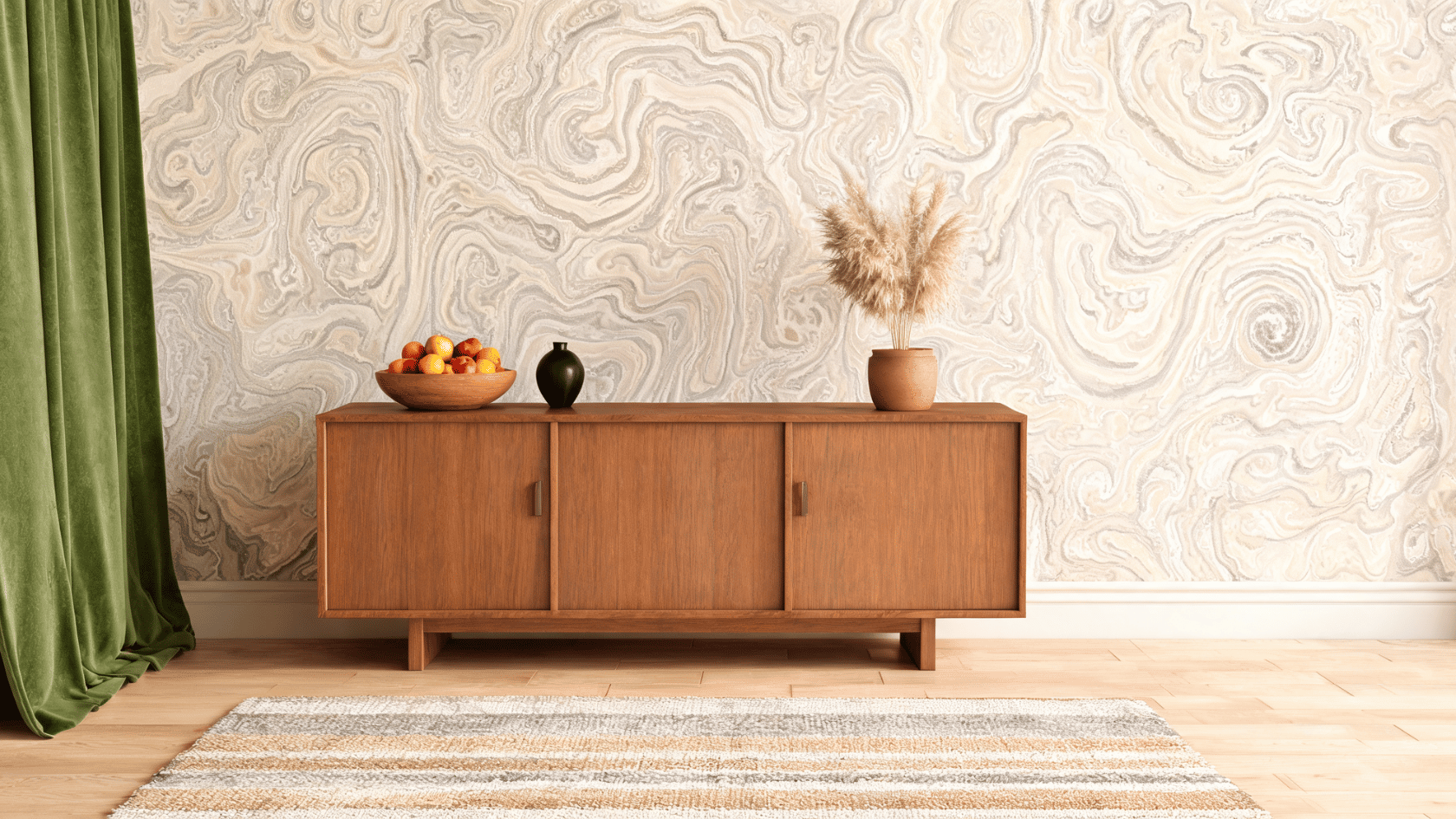 Travertine wall panels with a wooden cabinet, fruit bowl, decorative vase, and rug in a modern room.